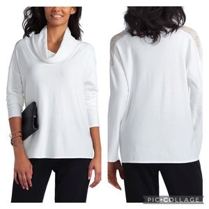 NWT H Halston Lace Shoulder Cowl Neck Sweater in Chalk